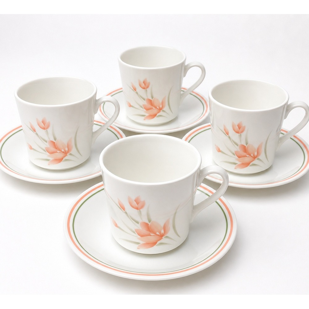 Corelle‎ Peach Floral Coffee Cups Saucers Set of 4 Corning USA Replacement